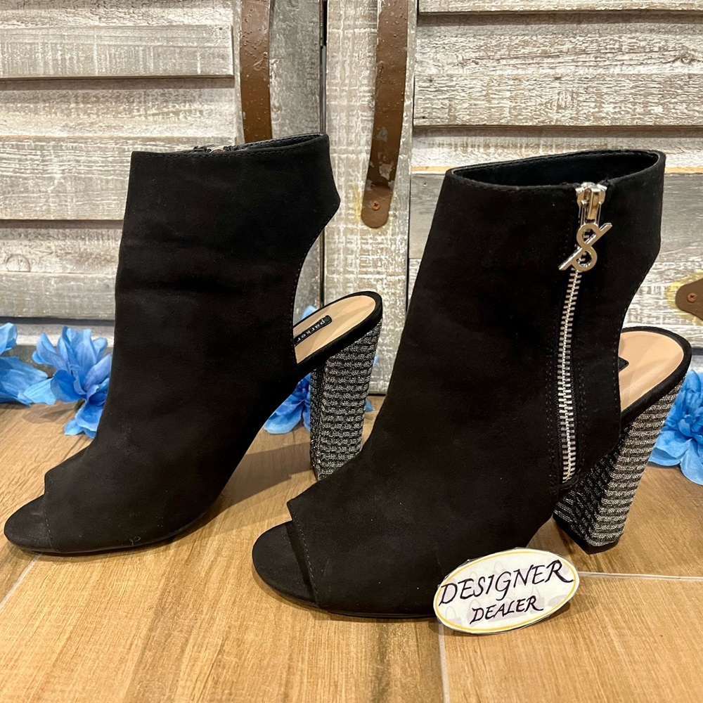 PARKER AND SKY Black Suede Sparkle Heel Peep Toe Bootie Size 7.5 GUC!